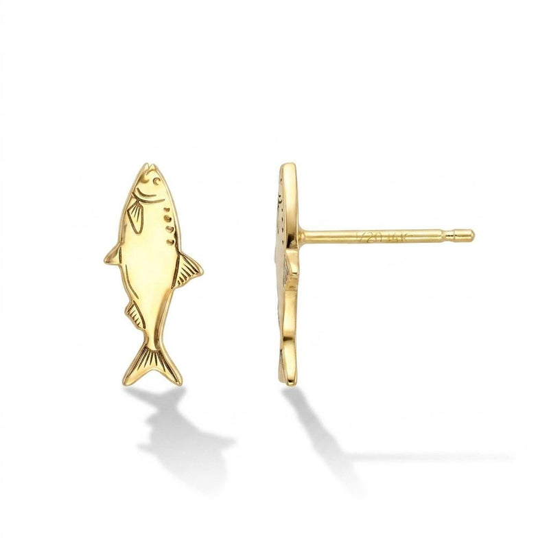 Pair of long narrow gold sardine earrings with tail fins