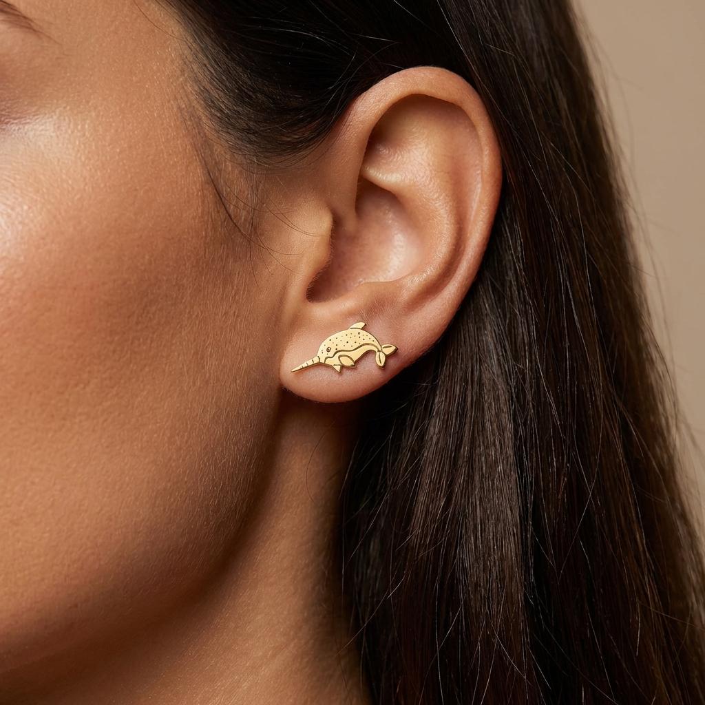 Pair of gold narwhal stud earrings with long spiral tusks (2 of 8)