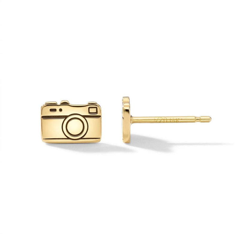Pair of small gold vintage camera stud earrings with a lens ring