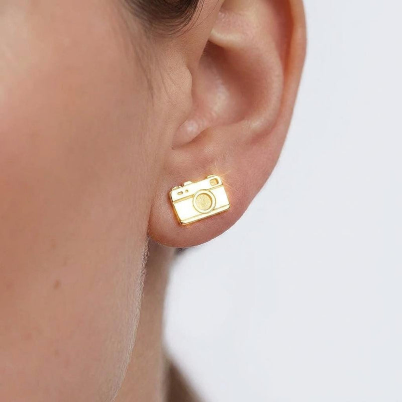 Pair of small gold vintage camera stud earrings with a lens ring (2 of 9)
