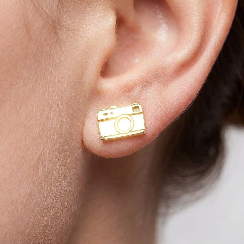 Pair of small gold vintage camera stud earrings with a lens ring (3 of 9)