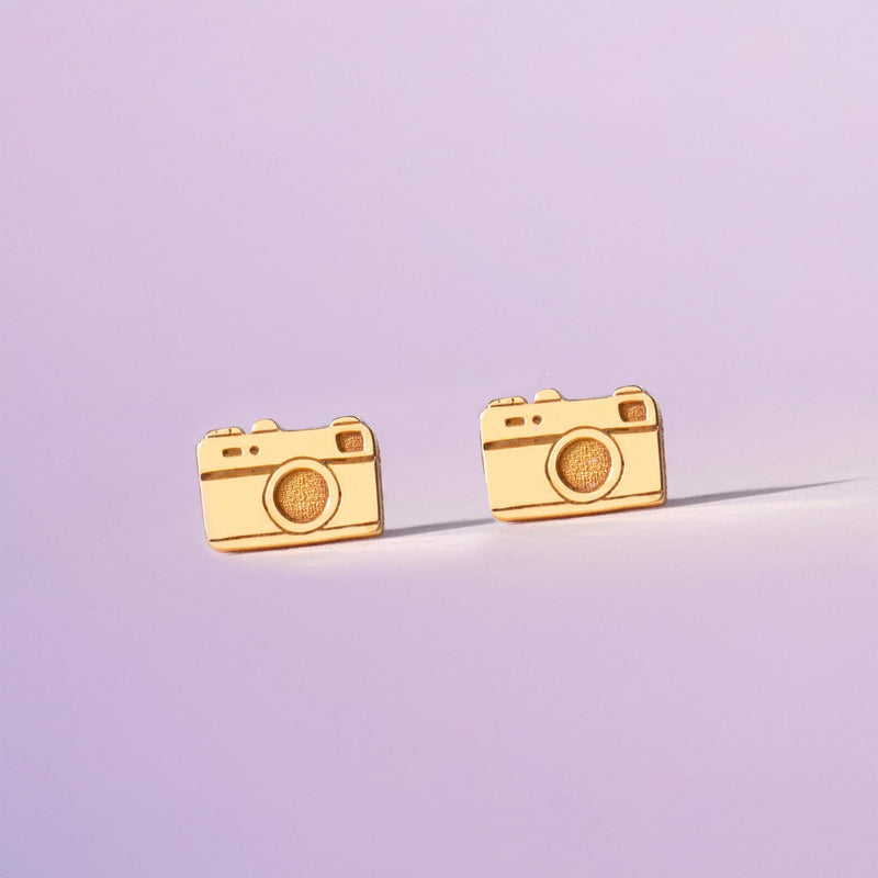 Pair of small gold vintage camera stud earrings with a lens ring (4 of 9)