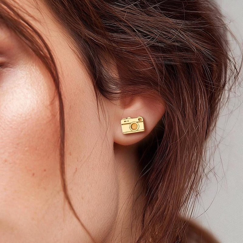 Pair of small gold vintage camera stud earrings with a lens ring (5 of 9)