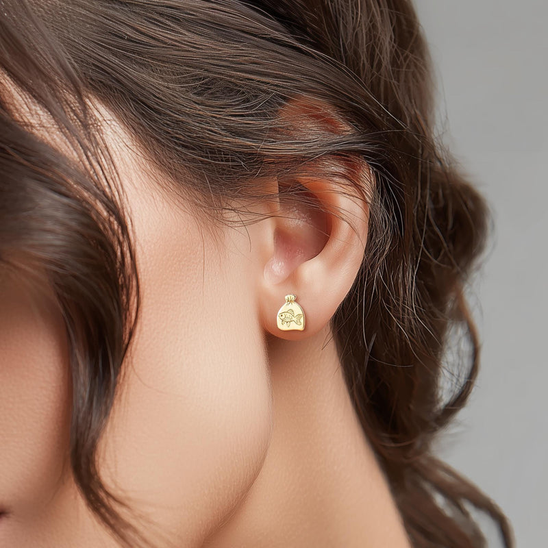 Pair of tiny goldfish stud earrings in gold shown side-on with a fanned tail (11 of 15)