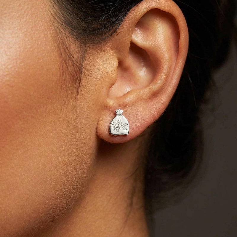 Pair of tiny goldfish stud earrings in gold shown side-on with a fanned tail (4 of 15)