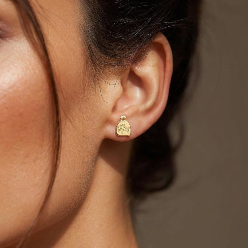 Pair of tiny goldfish stud earrings in gold shown side-on with a fanned tail (6 of 15)