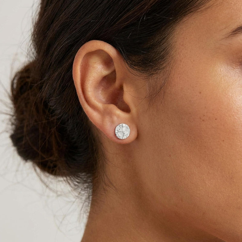 Pair of tiny round gold globe stud earrings with meridian lines, on white (10 of 12)