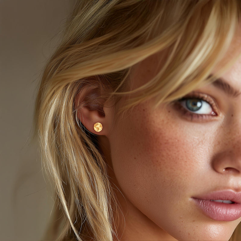 Pair of tiny round gold globe stud earrings with meridian lines, on white (2 of 12)