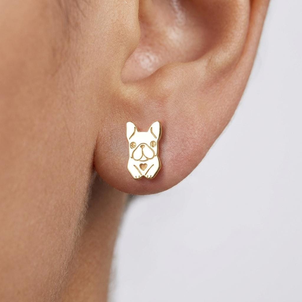 Pair of tiny gold french bulldog stud earrings with bat ears, on white (2 of 5)