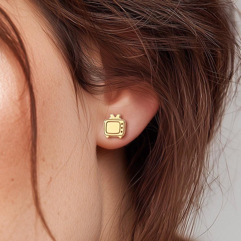 Pair of small gold retro television stud earrings with antenna ears (2 of 7)