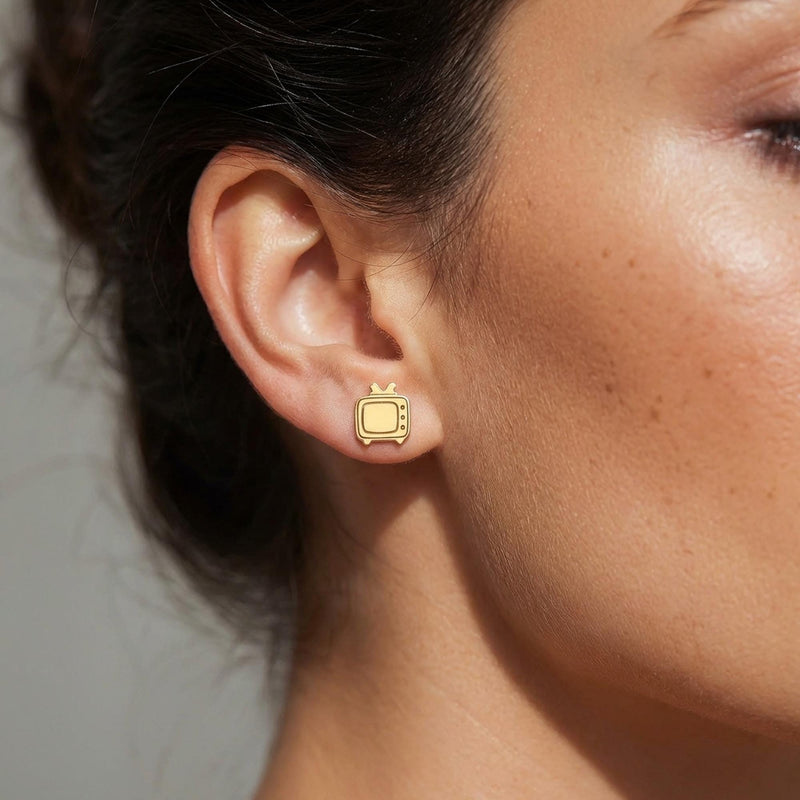 Pair of small gold retro television stud earrings with antenna ears (3 of 7)