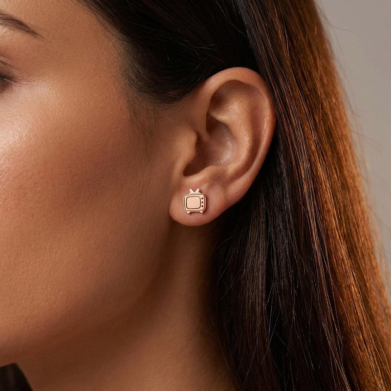 Pair of small gold retro television stud earrings with antenna ears (4 of 7)