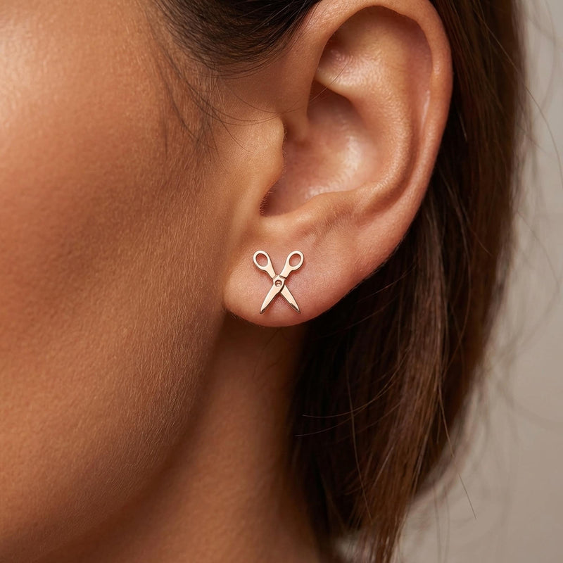 Pair of tiny gold scissor stud earrings with open handles (6 of 12)