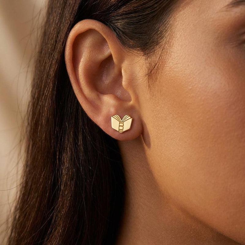 Pair of small gold open book stud earrings with split pages (2 of 12)