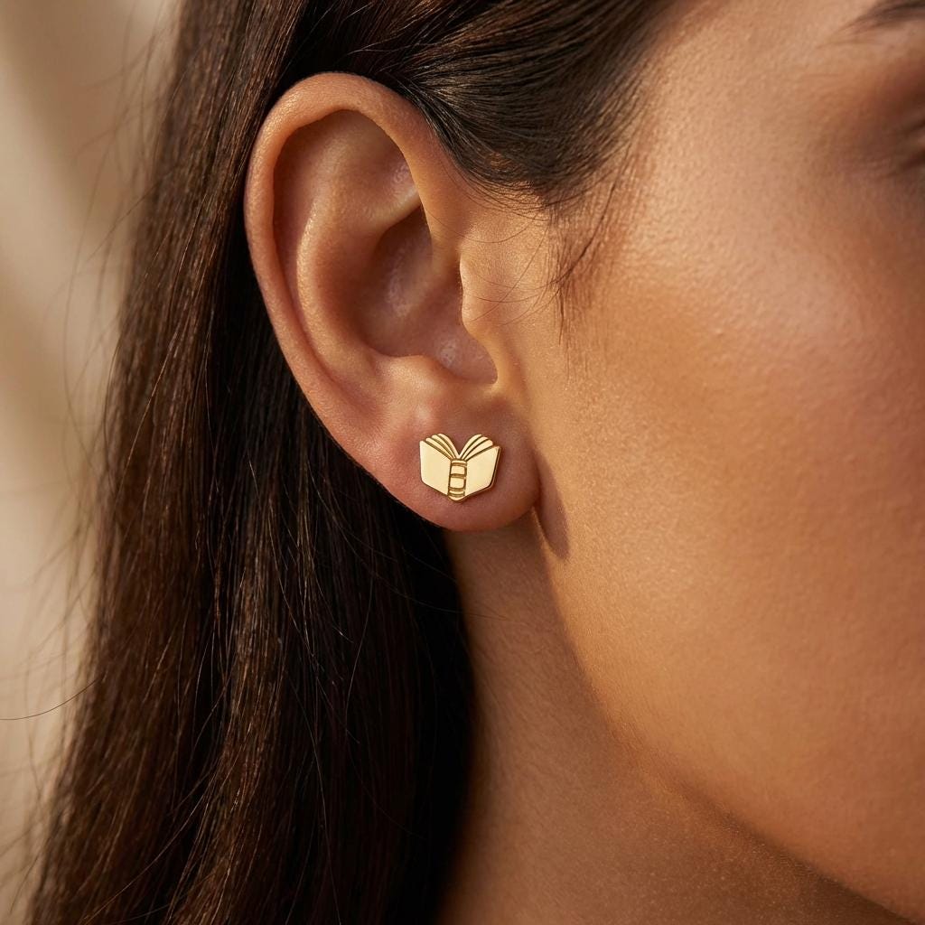 Pair of small gold open book stud earrings with split pages (2 of 12)
