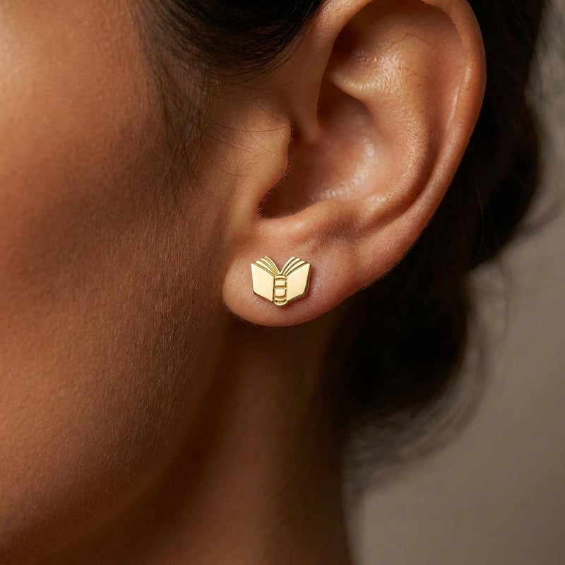 Pair of small gold open book stud earrings with split pages (3 of 12)