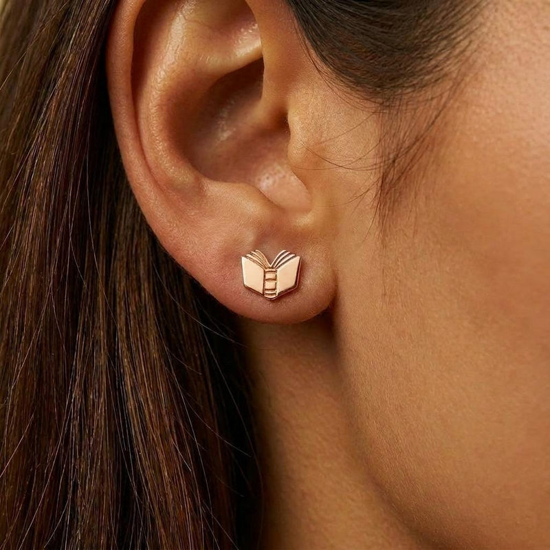 Pair of small gold open book stud earrings with split pages (6 of 12)