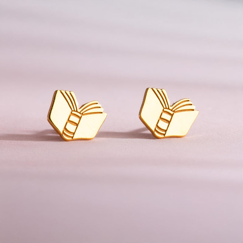 Pair of small gold open book stud earrings with split pages (7 of 12)