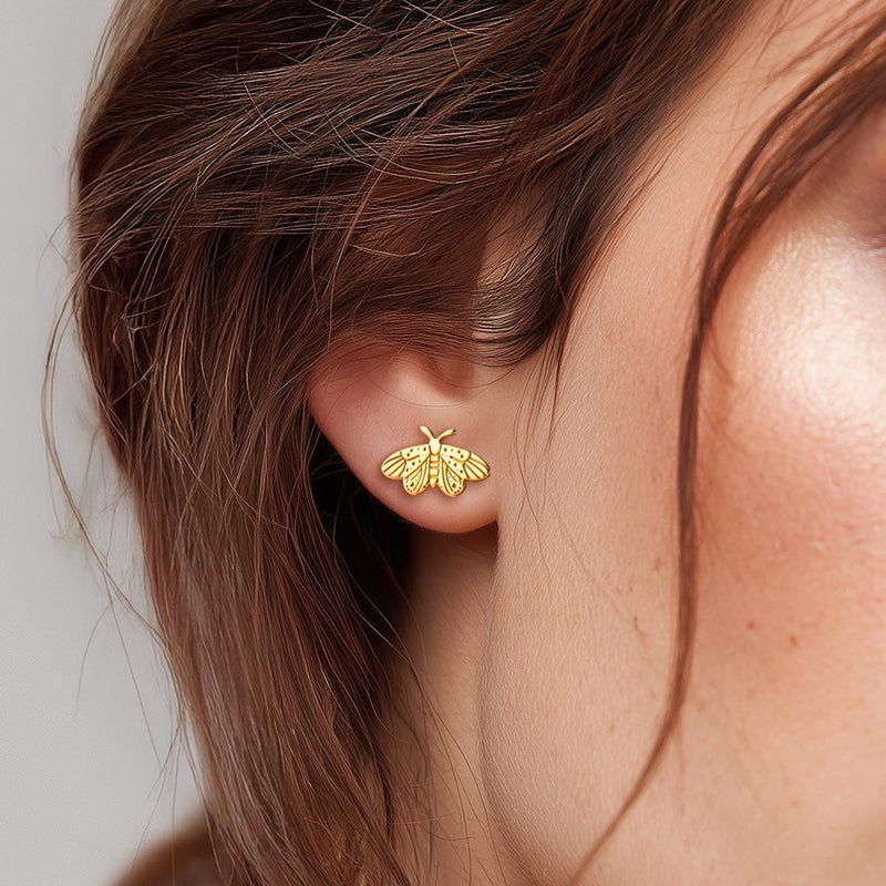 Small gold moth stud earrings with broad wings and feathered antennae (2 of 12)