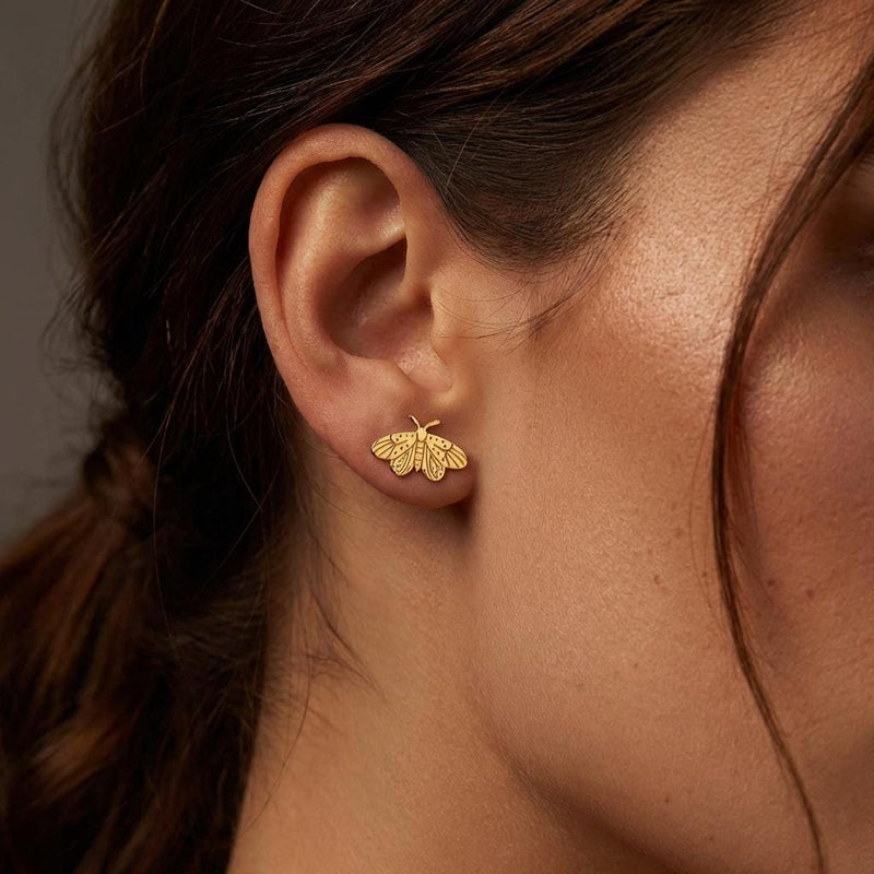 Small gold moth stud earrings with broad wings and feathered antennae (3 of 12)