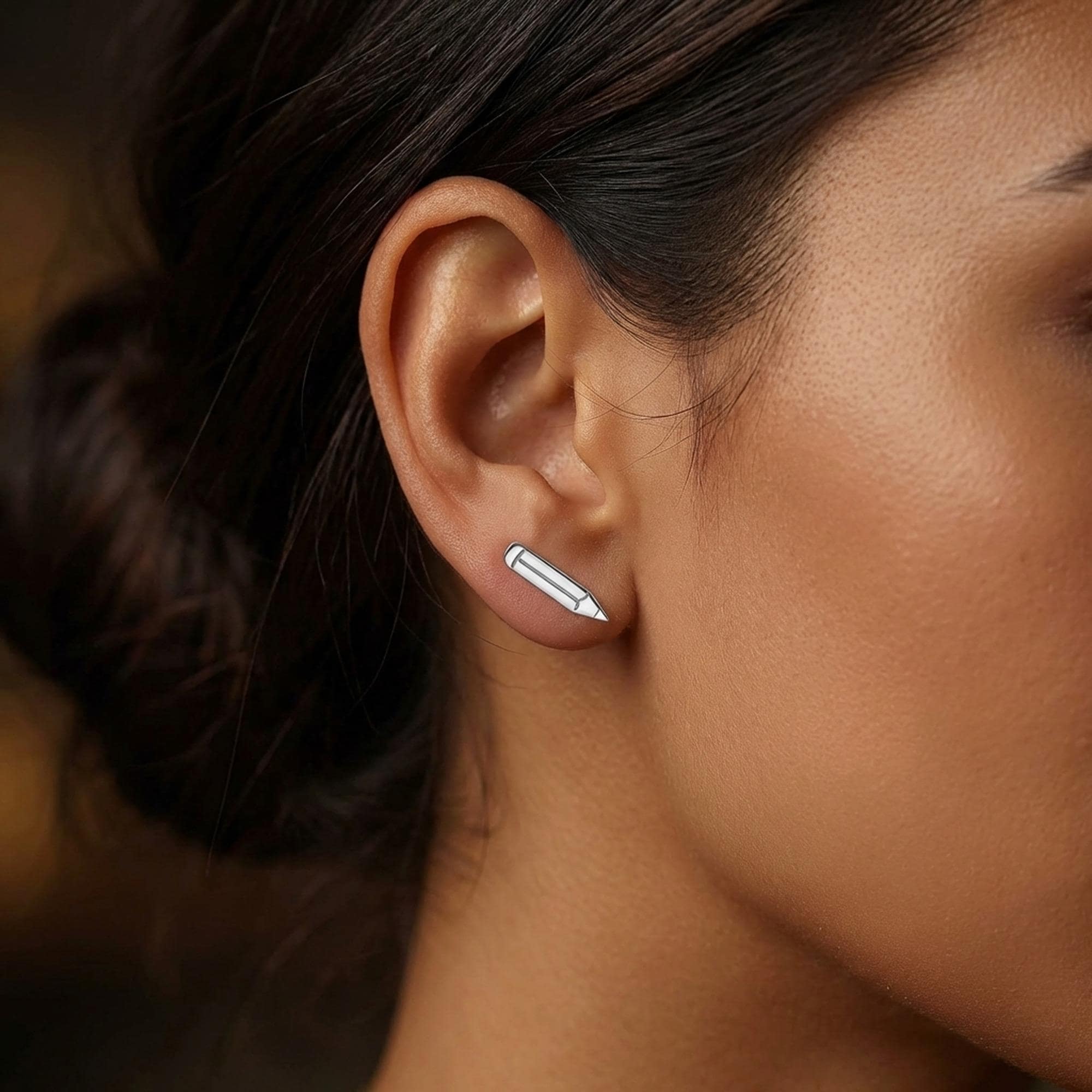 Pair of long thin gold pencil stud earrings with point and eraser detail (2 of 10)