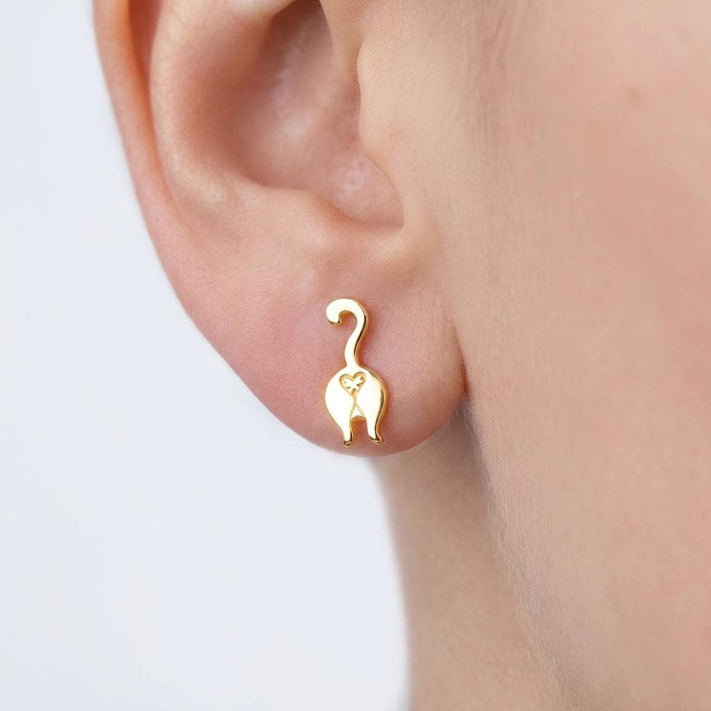 Pair of small gold cat rear view stud earrings with a tiny heart (2 of 9)