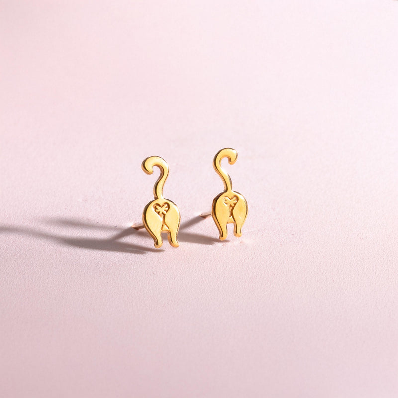 Pair of small gold cat rear view stud earrings with a tiny heart (3 of 9)