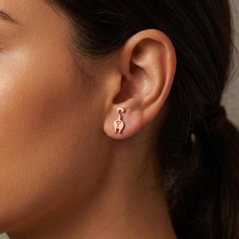 Pair of small gold cat rear view stud earrings with a tiny heart (4 of 9)