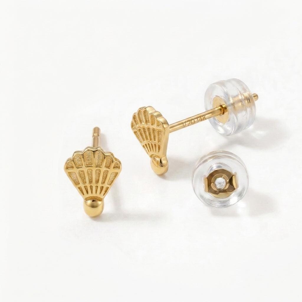Pair of small gold badminton shuttlecock stud earrings with feather detail