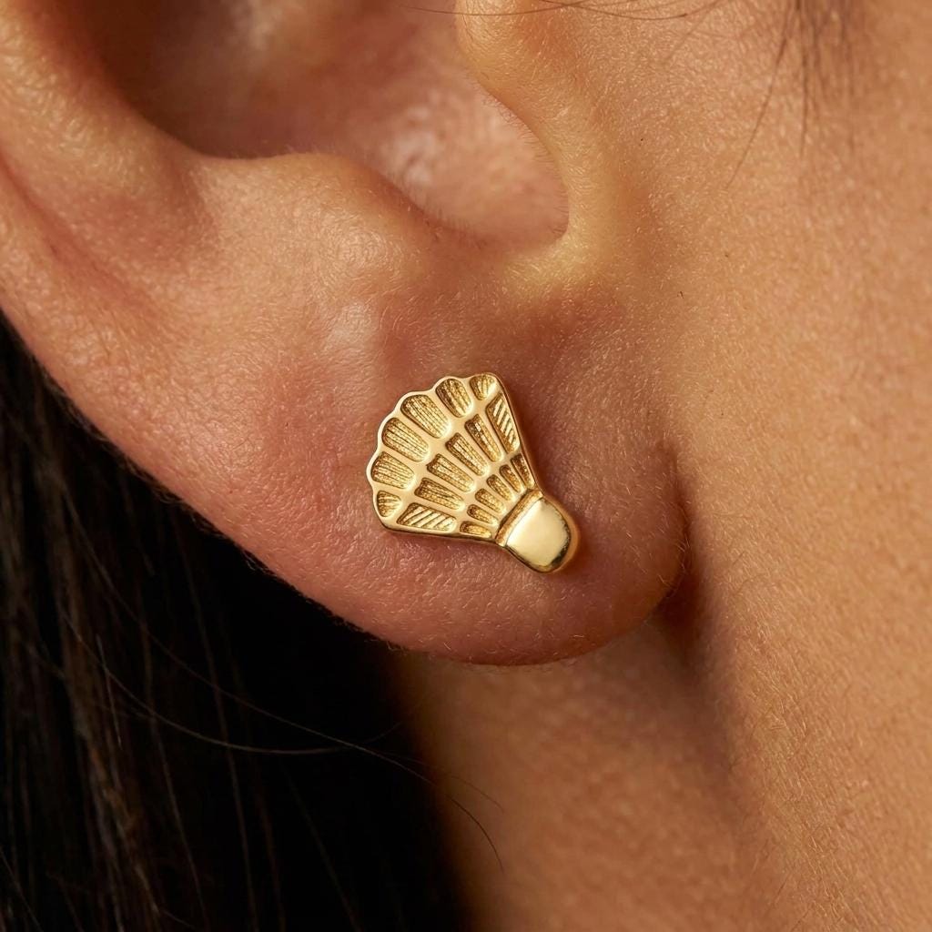 Pair of small gold badminton shuttlecock stud earrings with feather detail (2 of 13)