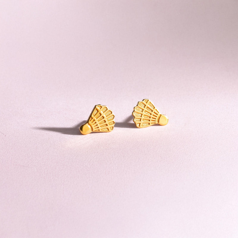 Pair of small gold badminton shuttlecock stud earrings with feather detail (6 of 13)