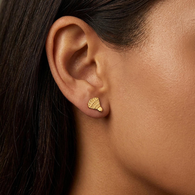 Pair of small gold badminton shuttlecock stud earrings with feather detail (8 of 13)