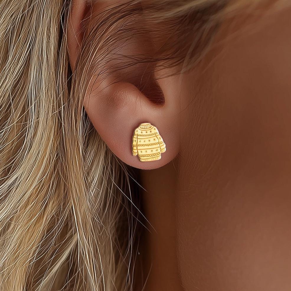 Pair of gold ugly Christmas sweater stud earrings with knit pattern (2 of 12)