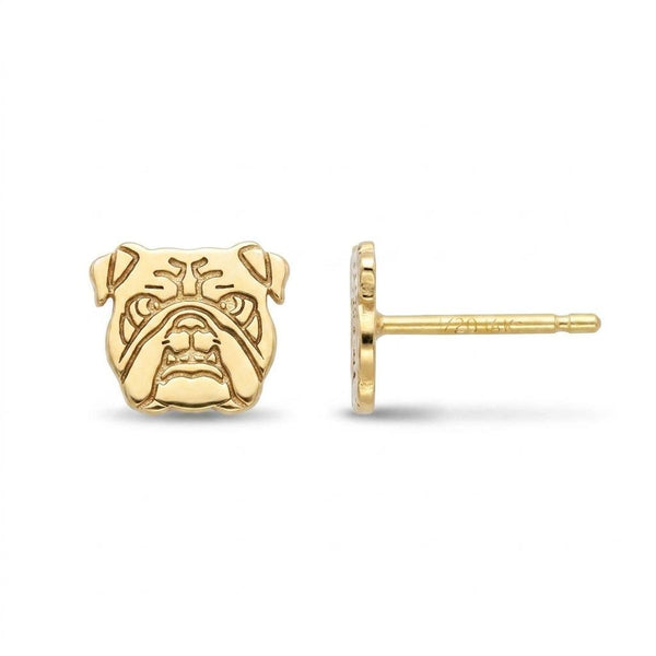 Pair of gold bulldog head stud earrings with folded ears and deep jowls