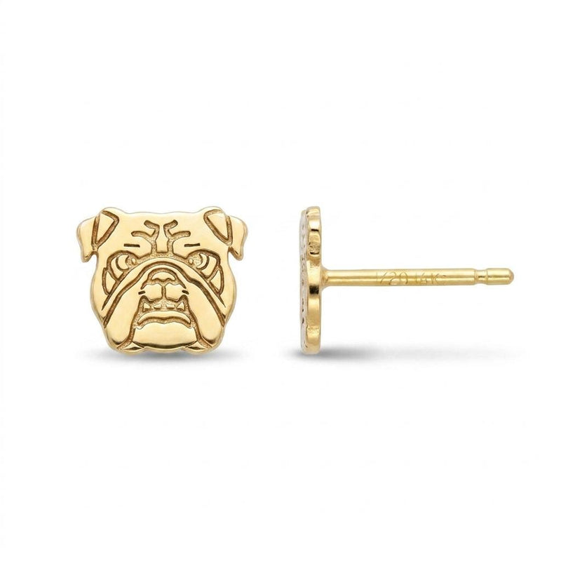 Pair of gold bulldog head stud earrings with folded ears and deep jowls