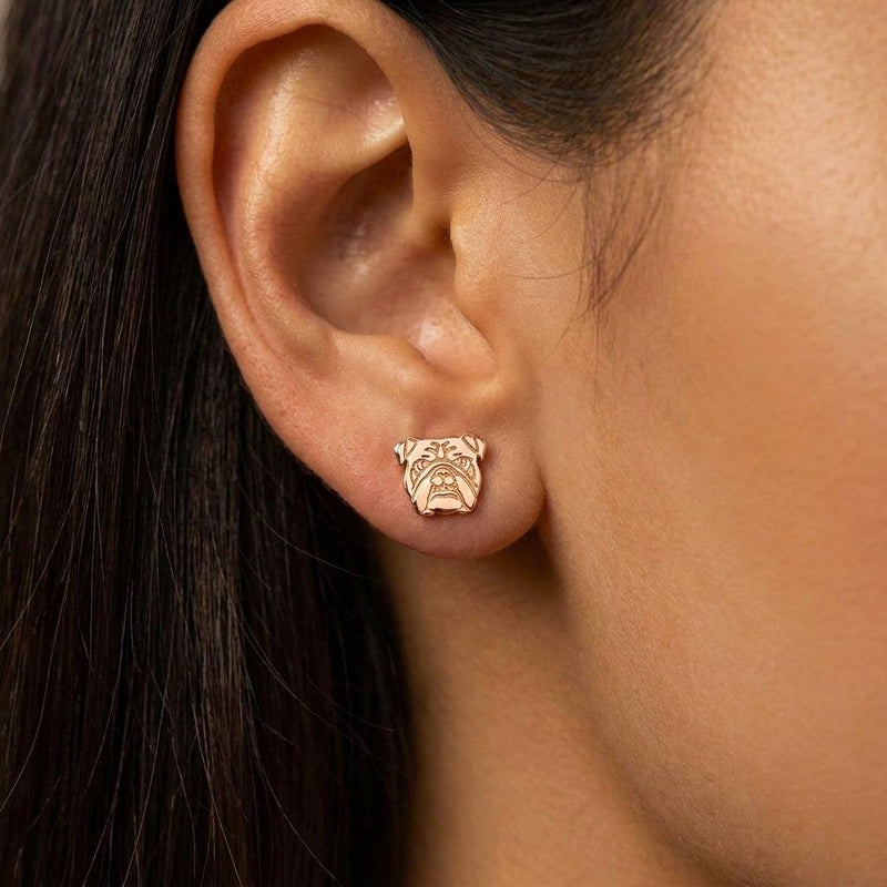 Pair of gold bulldog head stud earrings with folded ears and deep jowls (11 of 16)