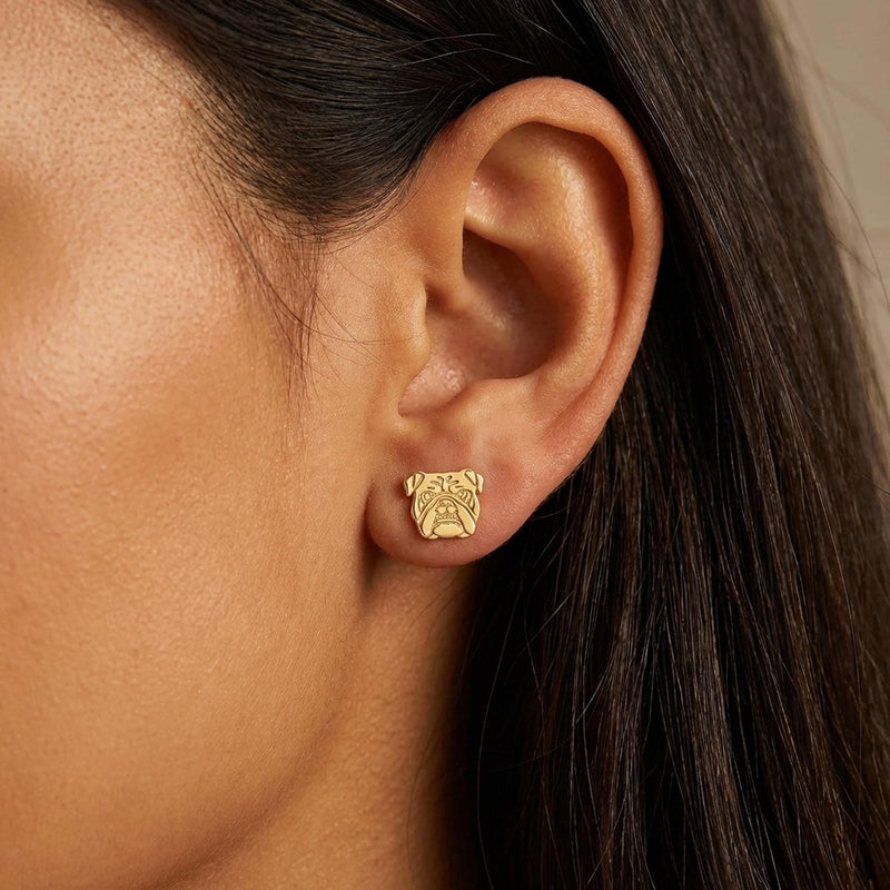 Pair of gold bulldog head stud earrings with folded ears and deep jowls (12 of 16)