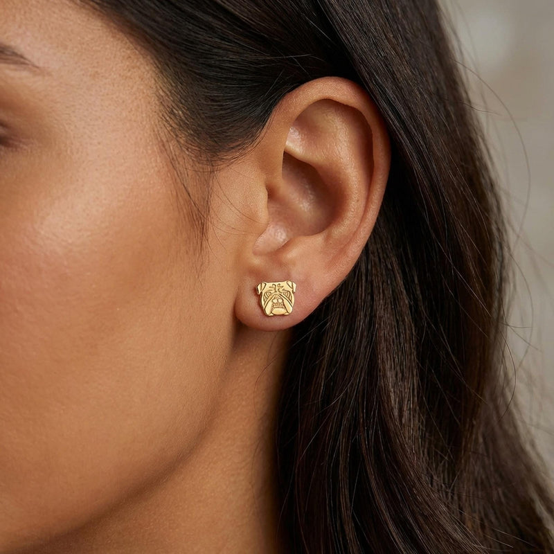 Pair of gold bulldog head stud earrings with folded ears and deep jowls (13 of 16)