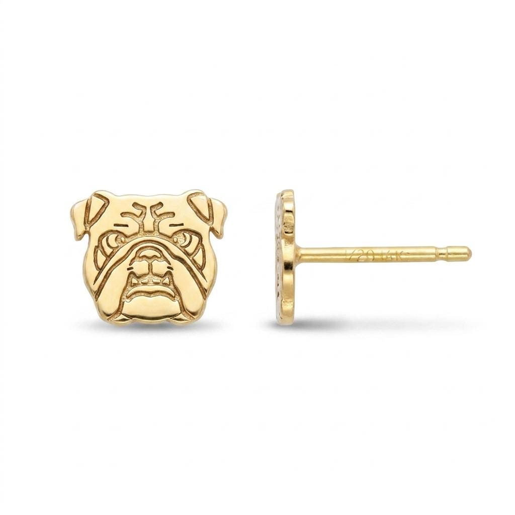 Pair of gold bulldog head stud earrings with folded ears and deep jowls