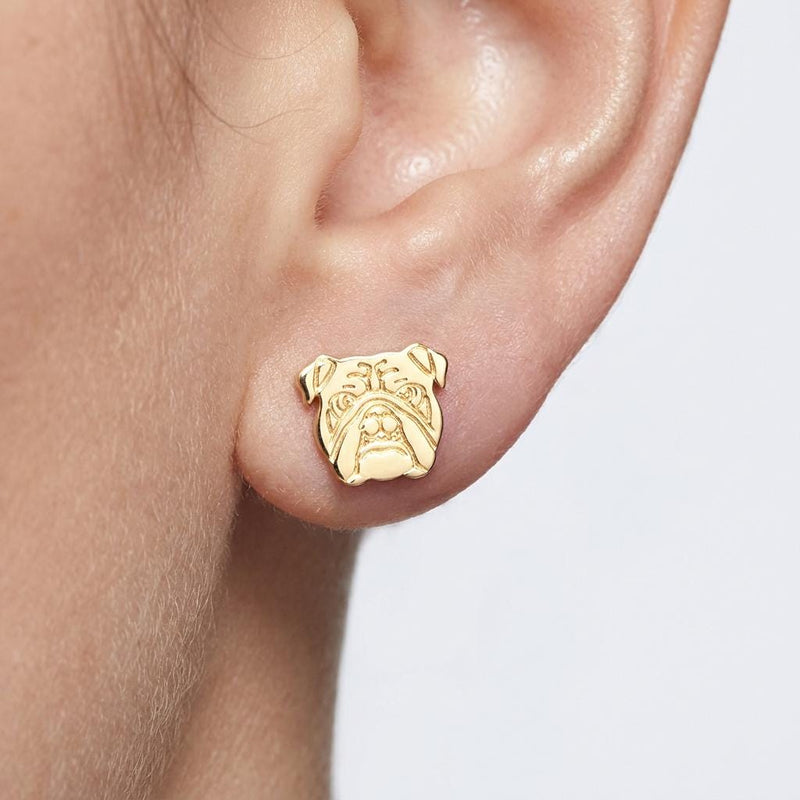 Pair of gold bulldog head stud earrings with folded ears and deep jowls (2 of 16)