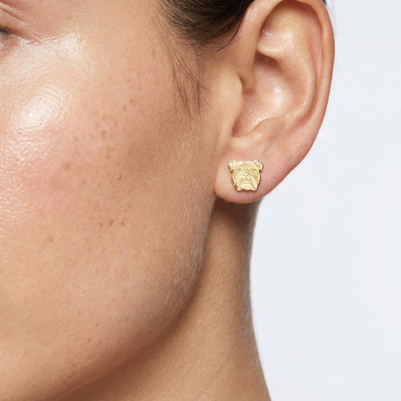 Pair of gold bulldog head stud earrings with folded ears and deep jowls (3 of 16)