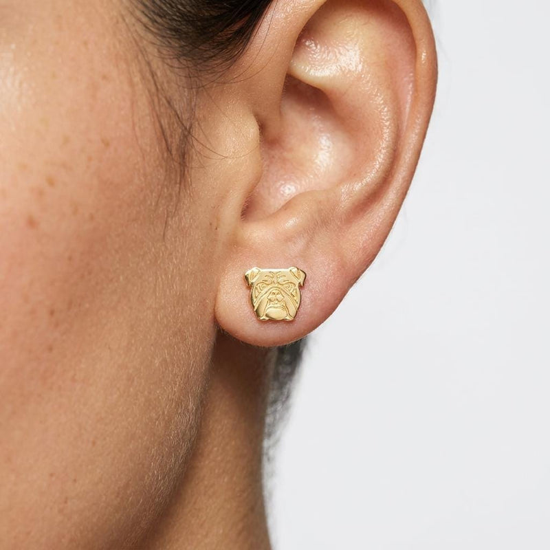 Pair of gold bulldog head stud earrings with folded ears and deep jowls (4 of 16)