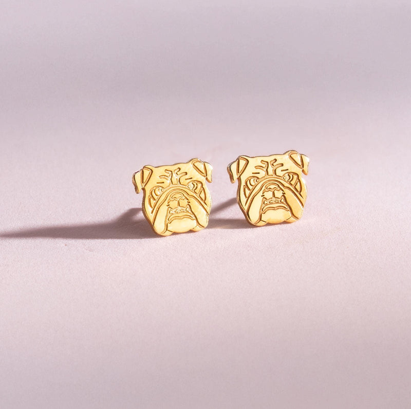 Pair of gold bulldog head stud earrings with folded ears and deep jowls (5 of 16)