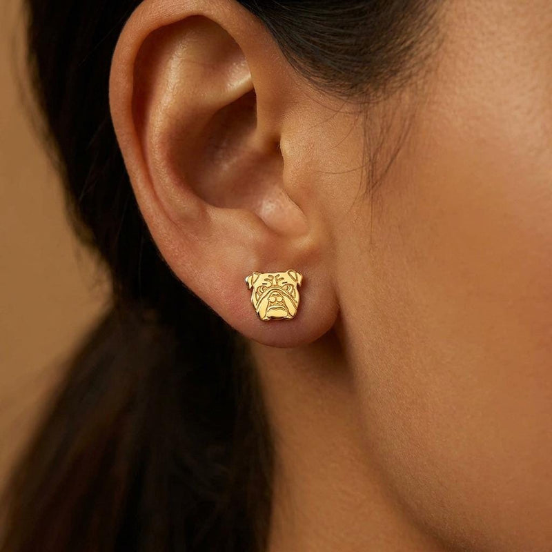 Pair of gold bulldog head stud earrings with folded ears and deep jowls (6 of 16)
