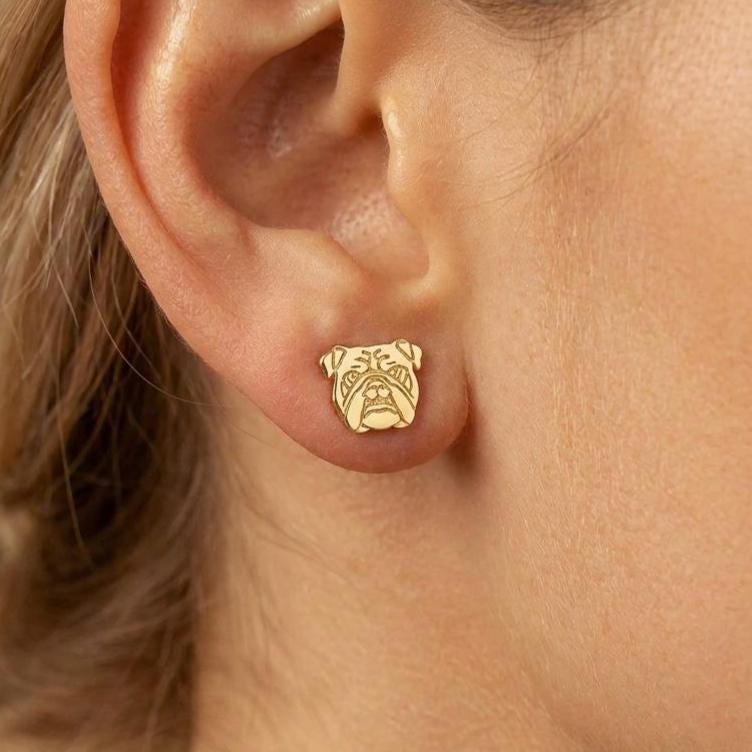 Pair of gold bulldog head stud earrings with folded ears and deep jowls (7 of 16)