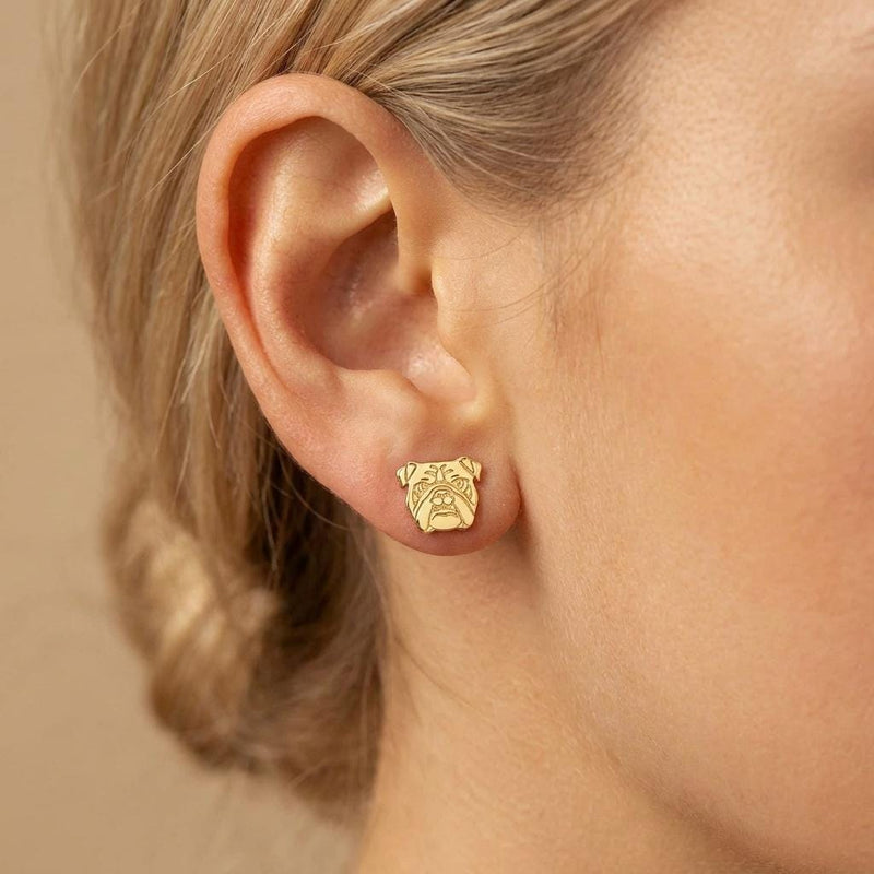 Pair of gold bulldog head stud earrings with folded ears and deep jowls (8 of 16)