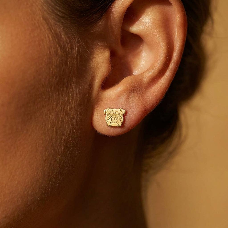 Pair of gold bulldog head stud earrings with folded ears and deep jowls (9 of 16)