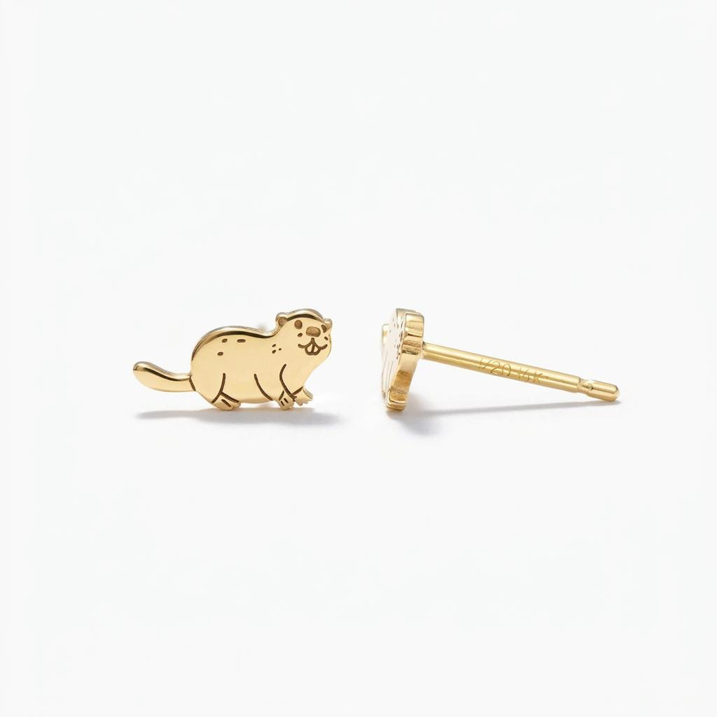 Pair of small beaver stud earrings with flat tails in gold