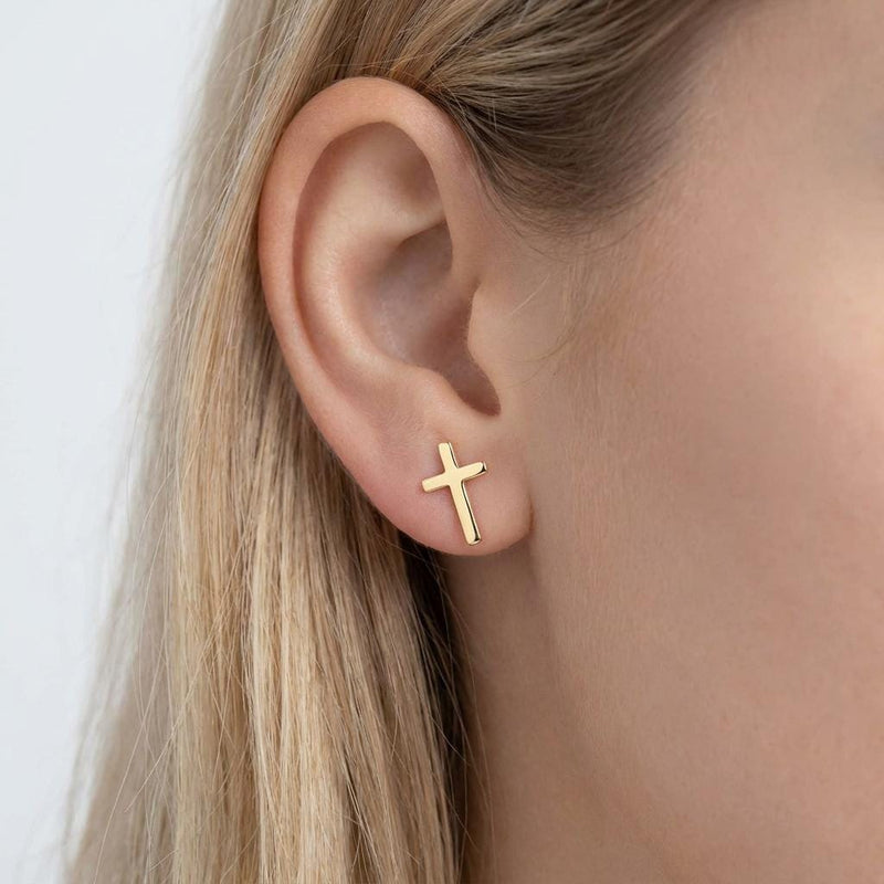 Pair of small gold cross stud earrings with squared arms (2 of 9)