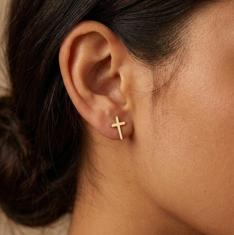 Pair of small gold cross stud earrings with squared arms (5 of 9)